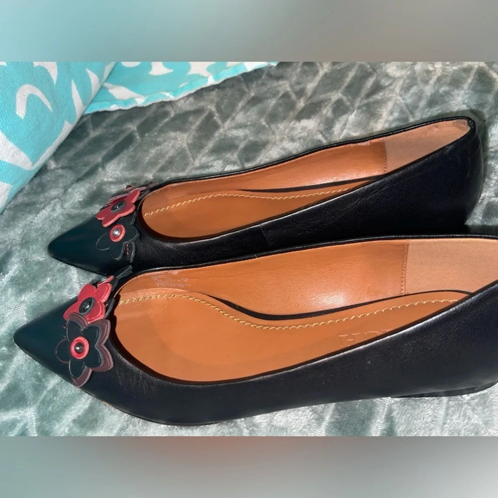 Coach Black Flats with Red Floral Accents GUC preloved rehab project as is - Picture 2 of 13